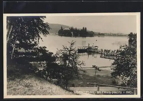 AK Maiernigg, Blick über den Wörthersee zur Insel, Dampfer