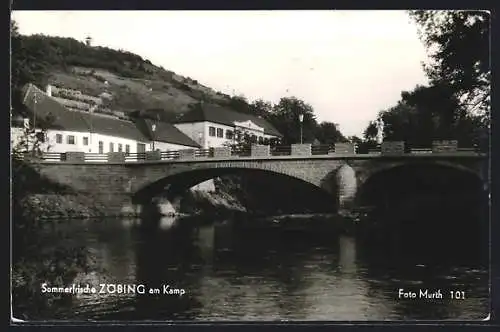 AK Langenlois, Zöbing am Kamp, Uferpartie mit Brücke