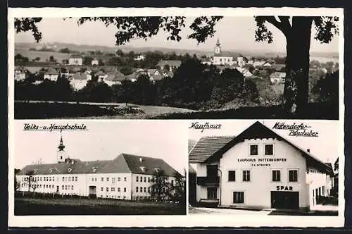 AK Gaspoltshofen, Kaufhaus Mittendorfer, Volks- und Hauptschule, Teilansicht