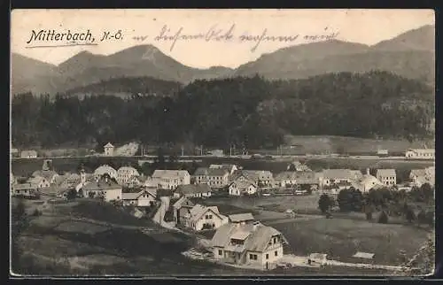 AK Mitterbach /N.-Ö., Ortsansicht gegen bewaldete Berge