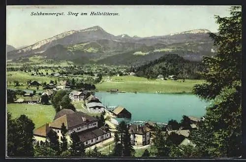 AK Steeg am Hallstättersee, Ortsansicht mit Bergen und See