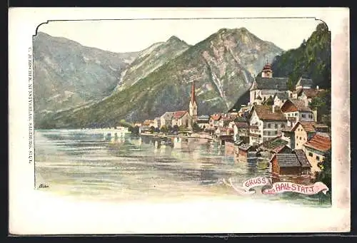 AK Hallstatt, Ortsansicht am Seeufer