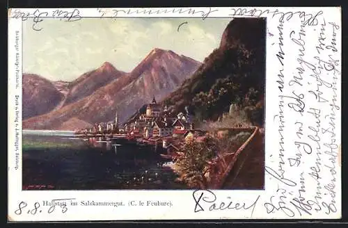 AK Hallstatt, Partie mit Gebirgswand am Seeufer