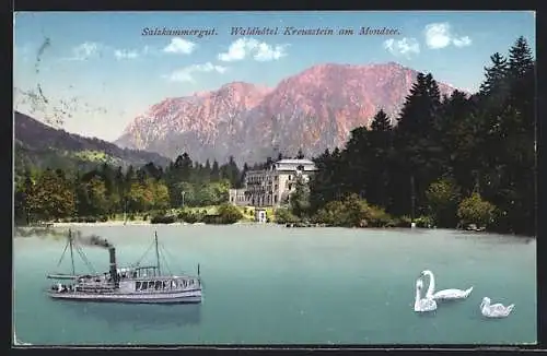 AK Mondsee, Waldhotel Kreuzstein, Dampfer