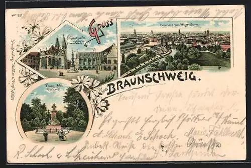 Lithographie Braunschweig, Altstadtmarkt, Franz Abt-Denkmal, Panorama vom Wasserthurm