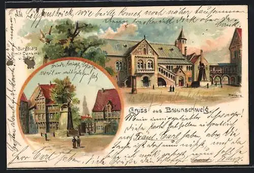 Lithographie Braunschweig, Burgplatz mit Denkmal und Burg um 1900