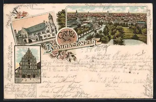 Lithographie Braunschweig, Gewandhaus, Dankwarderode, Stadtansicht