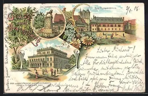 Lithographie Braunschweig, Theater, Löwendenkmal und Burg Bankwarderode