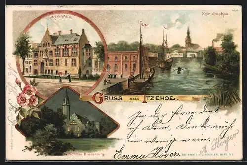 Lithographie Itzehoe, Kreishaus, Schloss Breitenburg am Abend