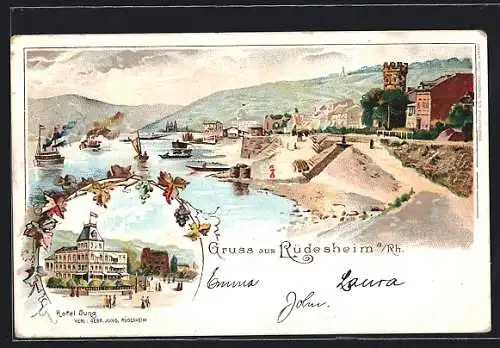 Lithographie Rüdesheim am Rhein, Hotel Jung, Ortspartie am Rhein