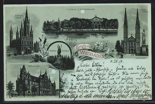 Mondschein-Lithographie Wiesbaden, Rathhaus, Kathol. Kirche, Kursaal und Musikpavillon