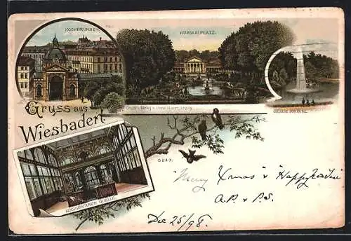 Lithographie Wiesbaden, Kochbrunnen, Kursaalplatz, Kochbrunnen-Quelle