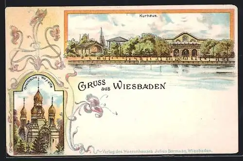 Lithographie Wiesbaden, Kurhaus und griechische Kapelle