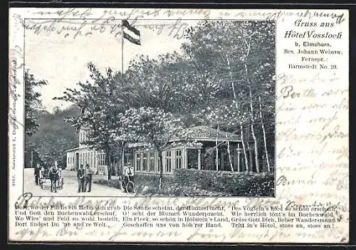 AK Elmshorn, Hotel Vossloch J. Welzow mit Strasse und Kutsche, Dame mit Fahrrad