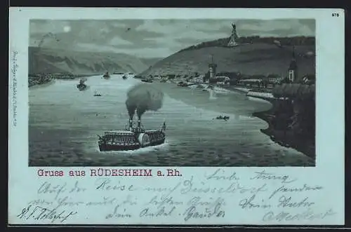 Mondschein-Lithographie Rüdesheim a. Rh., Rheinpartie mit Dampfschiff