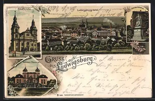 Lithographie Ludwigsburg / Württemberg, Schloss Favorite, Totalansicht, Schillerdenkmal