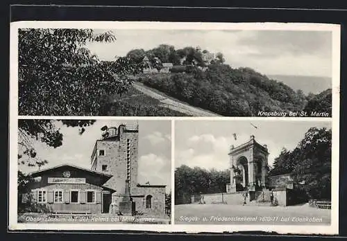 AK Kropsburg bei St. Martin, Gasthaus Ludwigshafener Hütte, Observatorium auf der Kalmit bei Maikammer, Denkmal