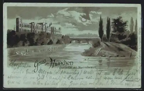 Mondschein-Lithographie München, Isarpatie mit Maximilianeum