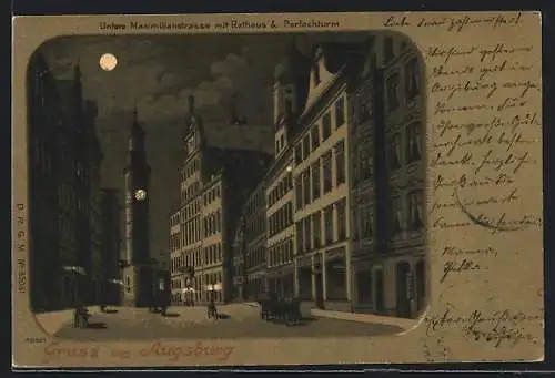 Mondschein-Lithographie Augsburg, Untere Maximilianstrasse mit Rathaus und Perlachturm