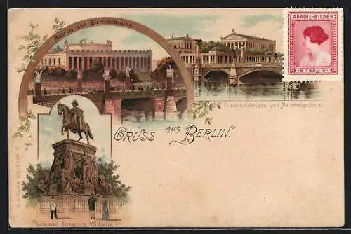 Lithographie Berlin, Museum und Schlossbrücke, Friedrichbrücke und Nationalgallerie, Denkmal Friedrich III.