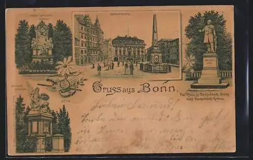 Lithographie Bonn, Marktplatz und Denkmäler