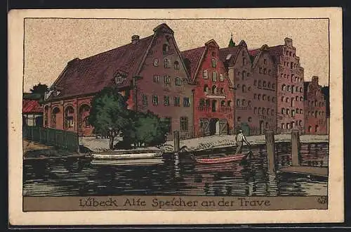 Steindruck-AK Lübeck, alte Speicher an der Trave
