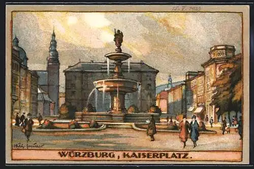 Steindruck-AK Würzburg, Kaiserplatz mit Brunnen