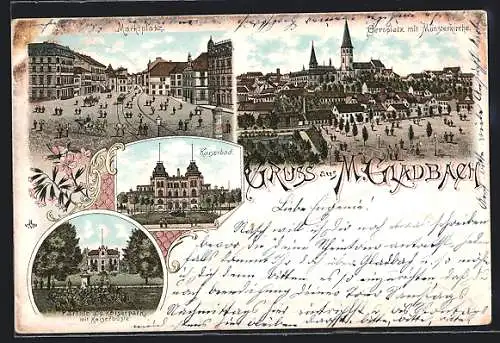 Lithographie Mönchen Gladbach, Marktplatz, Geroplatz mit Münsterkirche, Kaiserbad