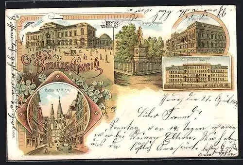 Lithographie Braunschweig, Bahnhof, Lessing-Denkmal, Catharinenkirche, Polytechnikum, Infanterie-Kaserne