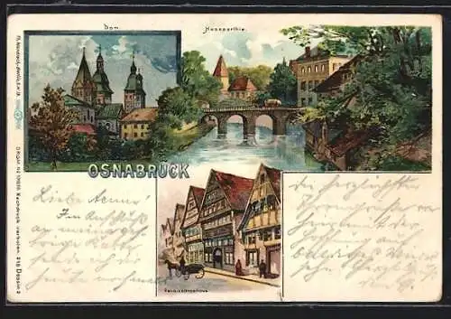 Lithographie Osnabrück, Dom, Haseparthie mit Brücke, Renaissancehaus