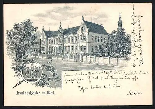 Lithographie Werl, das Ursulinenkloster mit Vordergarten, Fahne mit Schlüsselsymbol