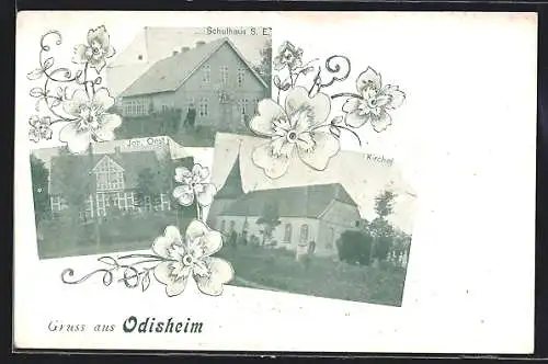 AK Odisheim, Schulhaus, Kirche, Haus v. Joh. Oest