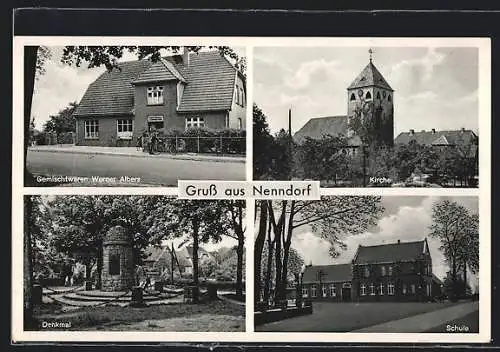 AK Nenndorf / Harburg, Gemischtwaren Werner Albers, Schule, Kirche