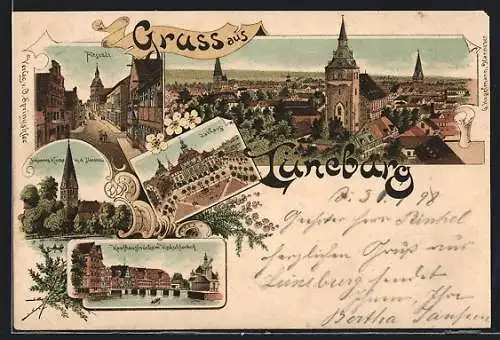 Lithographie Lüneburg, Kaufhausbrücken m. Viskuhlenhof, Altstadt, Rathaus