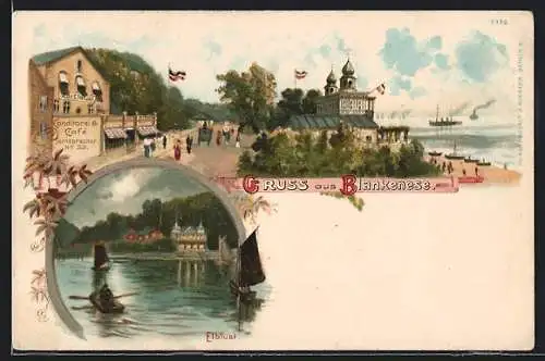 Lithographie Hamburg-Blankenese, F. Battke`s Café und Conditorei zur Elblust, Segelschiffe auf dem Wasser