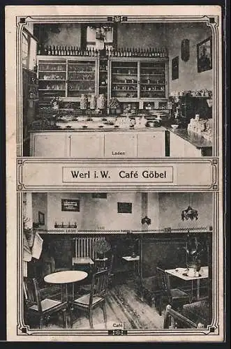 AK Werl i. W., Café Göbel, Innenansicht vom Speiseraum und Laden