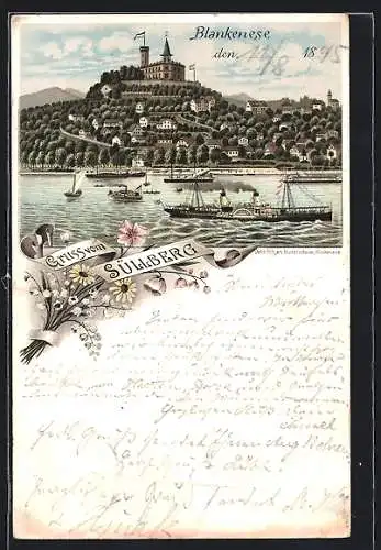Vorläufer-Lithographie Hamburg-Blankenese, 1895, Dampfer vor dem Süllberg