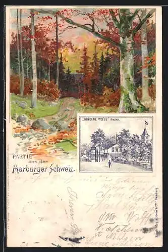 Künstler-AK Hamburg-Haake, Gasthaus Goldene Wiege, herbstliche Waldpartie