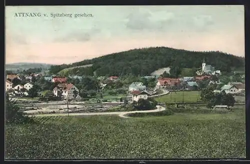 AK Attnang, Ortsansicht vom Spitzberg mit Bahnhof