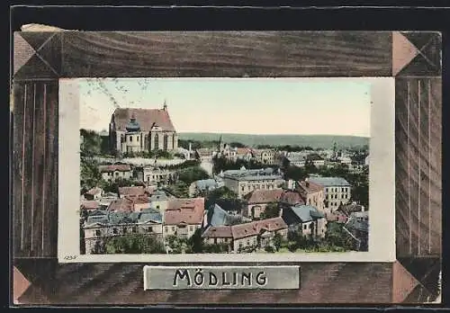 AK Mödling, Ortsansicht mit der Kirche im Bilderrahmen-Passepartout