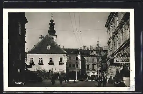 AK Mödling, Ortspartie mit Kreditverein, Posthof und Buchdruckerei