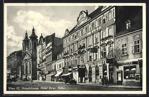 AK Wien III, Hauptstrasse mit Hotel Roter Hahn und Geschäften