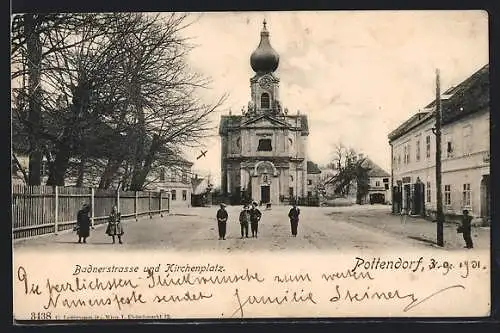 AK Pottendorf /N. Oe., Badnerstrasse und Kirchenplatz