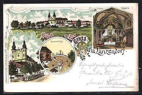 Lithographie Maria-Lanzendorf, Kirche, Calvarienberg, Gnaden-Kapelle