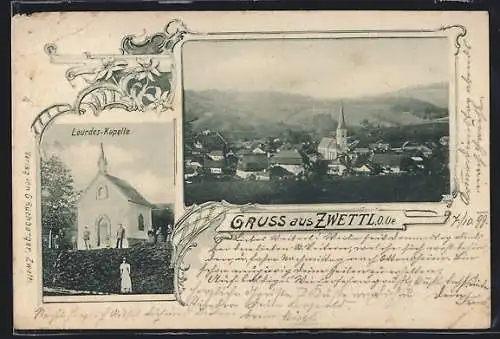 AK Zwettl /O.-Oe., Lourdes-Kapelle, Ortsansicht, Passepartout mit Edelweiss