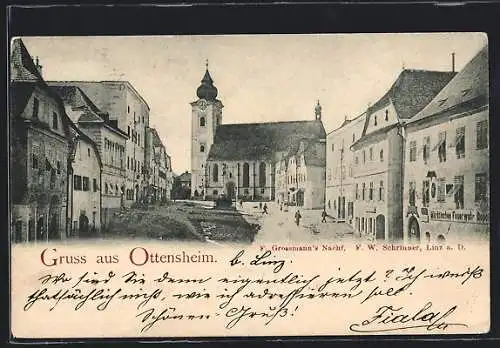 AK Ottensheim, Strassenpartie mit Kirche