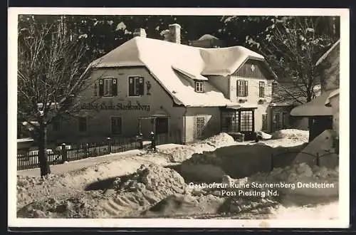 AK Dreistetten /N. D., Gasthof zur Ruine Starhemberg im Schnee