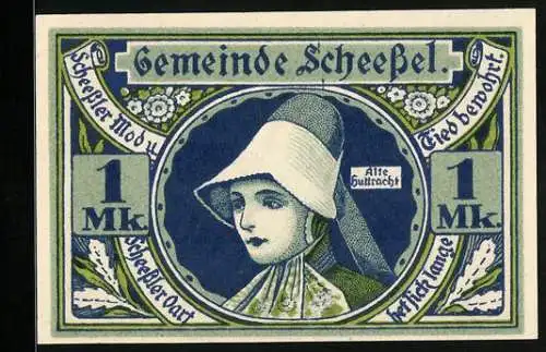 Notgeld Scheessel 1921, 1 Mark, Alte Huttracht, Teilansicht mit Kirche