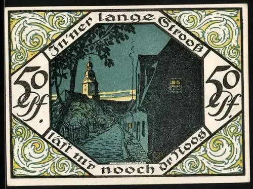 Notgeld Scheibenberg 1921, 50 Pfennig, Ortsansicht mit Bergmann, Strassenpartie mit Kirche bei Dämmerung