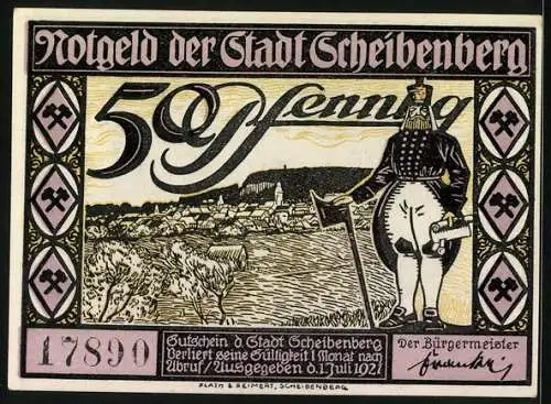 Notgeld Scheibenberg 1921, 50 Pfennig, Ortsansicht mit Bergmann, Strassenpartie mit Kirche bei Dämmerung